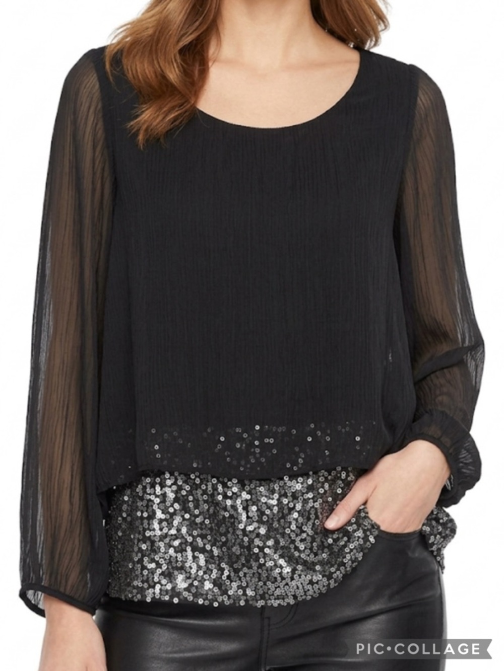 H Trend Top Black Sequin Chiffon Layered High Low S Cocktail Holiday Elegant Mod
